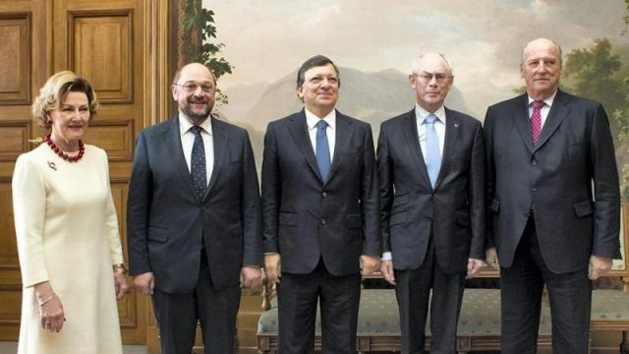 La reine Sonia de Norvège, le président du Parlement européen Martin Schulz, le président de la Commission européenne José Manuel Barroso, le président du Conseil européen Herman Van Rompuy, et le roi Harald de Norvège | © EPA